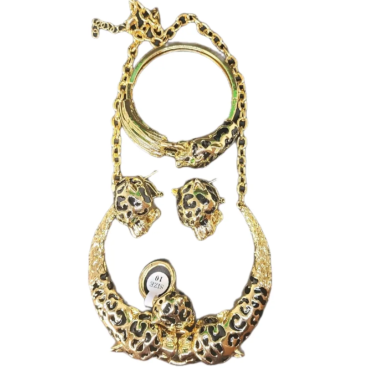 Black and gold Cheetah gold plated jewelry set. Long necklace.