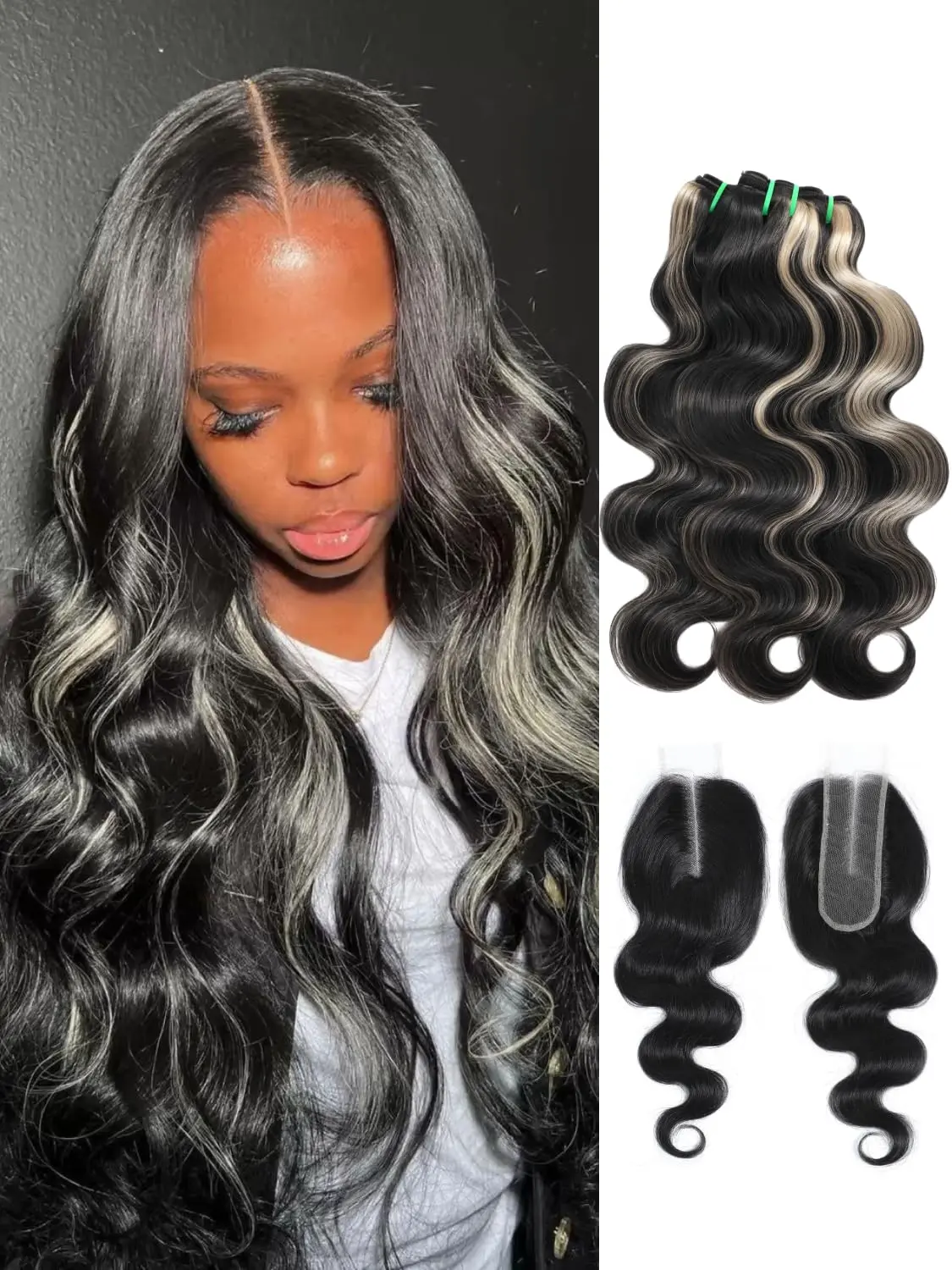 AUROO F1B/613 Platinum Blonde Highlight Bundles with Kim K 2x6 Closure Human Hair, 12A Brazilian Virgin Thick Track Ombre Skunk Stripe Bundles with Natural Black 2x6 HD Transparent Lace Closure Remy