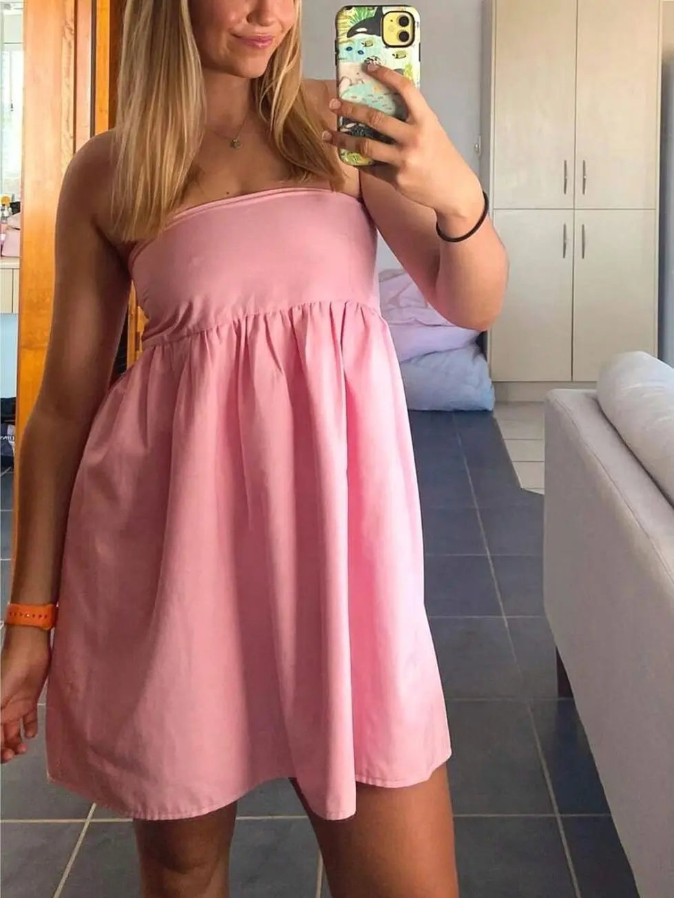 Women's Strapless Tube Mini Dress Solid Color Sleeveless Ruffle A Line Babydoll Sundress Summer Beach Party Cute Y2K Dress