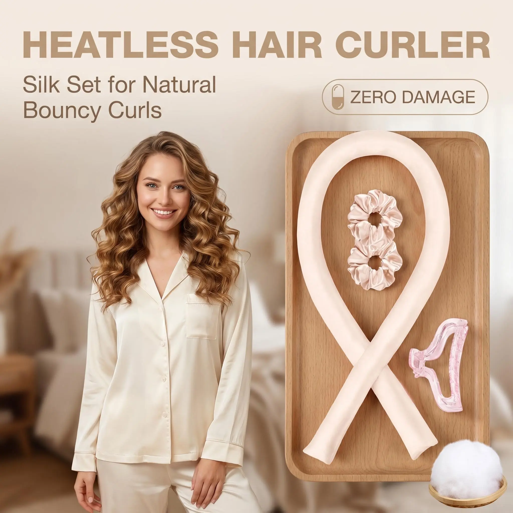 Satin Heatless Hair Curler Set with Clip & Scrunchies for Natural Bouncy Curls, Champagne Fabric Hair Styling Tools for Leisure Home Time & Overnight Use, Curling