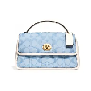 COACH Turnlock 20 Chambray Jacquard Quilted Canvas and Leather Top Handle Flap Bag for Women