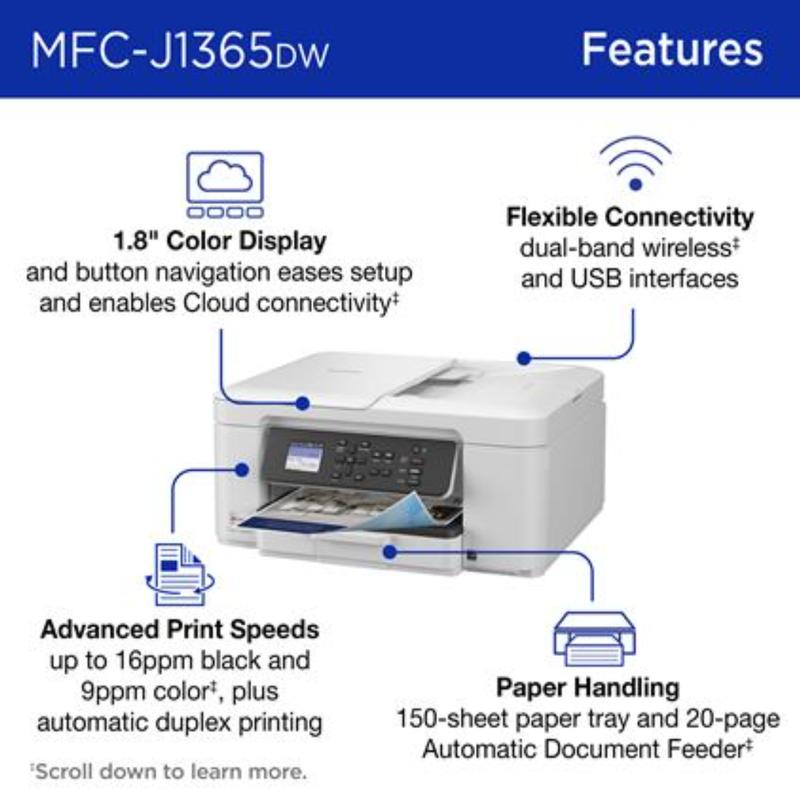 Brother MFC-J1365DW INKvestment 1365 Wireless Color Inkjet All-in-One Printer with Automatic Duplex Printing 1.8" Color Display & Wireless Connectivity