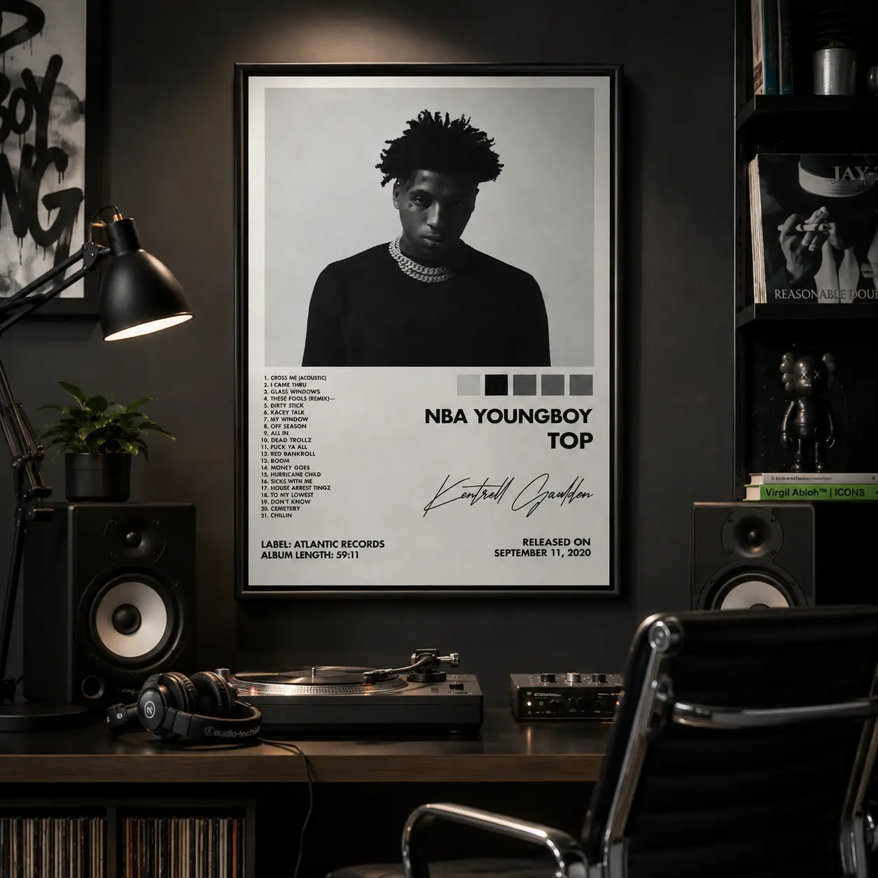 NBA Youngboy TOP Album Canvas Wall Art, Black White Tracklist Print With Kentrell Gaulden Signature, Hip Hop Rap Album Cover Wall Decor For Bedroom Dorm Game Room