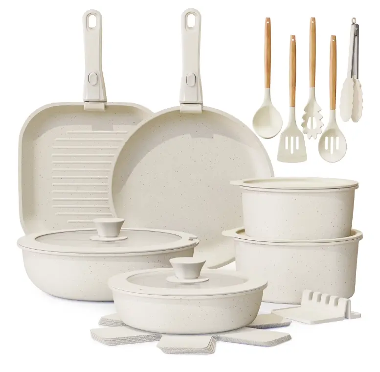 Premium 22-Piece Nonstick Cookware Set with Detachable Handles Induction Compatible Oven Safe Space-Saving Stackable Design Cream White