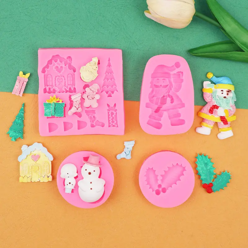 4PCS Christmas Snowmen Gingerbread Elf Gift Socks Gift Box House Tree Silicone Mold for DIY Chocolate Candy Gummy Cake Decoration Wax Crayon Melting Gypsum Resin Too