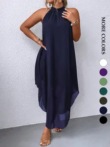 Women's Plus Size Halter Neck Solid Color Dress Maxi Women Outfit,Halter Neck Maxi Dress Sleeveless Double Layer Flowy Asymmetrical Hem Casual Summer Wedding Guest Evening Party Trendy