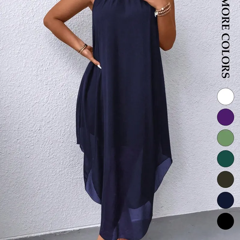 Plus Size Women’s Halter Neck Chiffon Midi Dress, Halter Neckline Dress, Flowy High Low Hem Chic Elegant Wedding Guest Dress for Anniversary Dinner, Cocktail Party, Vacation and Special Occasions