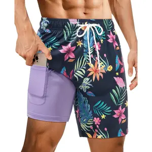 7inch Mens Swim Trunks with Compression Liner Mens Bathing Suit Zipper Pocket Quick Dry Stretch Palm Tree Leaf 2in1(Gift)