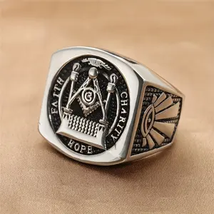 Punk Retro Style Freemason AG Stainless Steel Square Men's Ring Suitable for Daily Gatherings, Fashionable and Trendy Men's Accessories