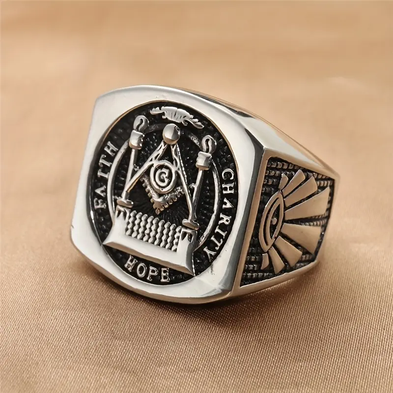 Male Retro Punk Statement Ring - Stainless Steel Square Band with Engraved Masonic Symbol, Engraved Letters, Thanksgiving Gift, Sizes 8-13