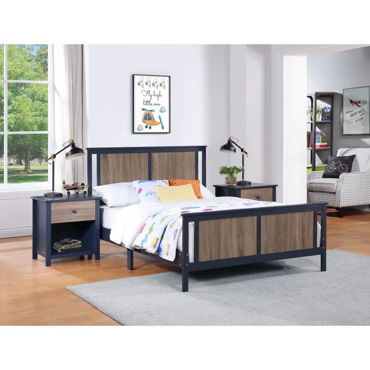 Olive & Opie 27512-MBL Connelly Reversible Full Bed - Midnight Blue & Vintage Walnut Contrasting Veneers Wood Split Panel, 72 lbs, Non-Toxic, Assembly Required