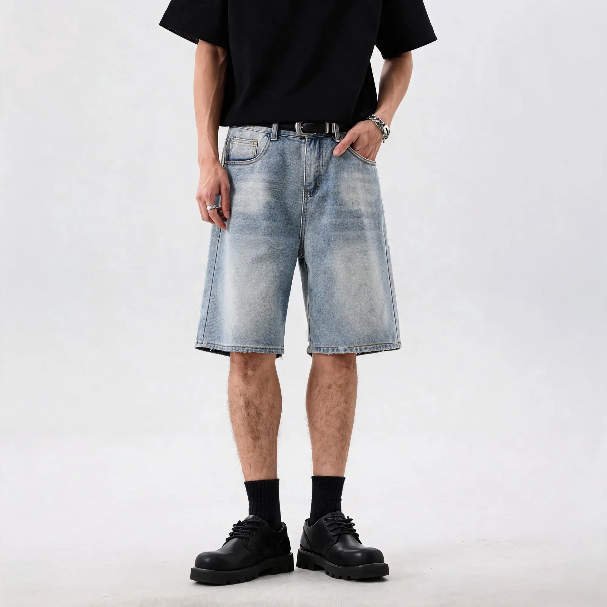 NELEUS Men's Loose Vintage Light Wash Denim Jorts Baggy Knee Length Plain Jean Shorts Casual Streetwear Menswear Beige