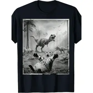 Men's Funny Cat&amp; T-Rex Dinosaur Graphic Tee - Soft Cotton.Short Sleeve.Round Neck.Black Retro Style Casual Shirt For All Seasons.Everyday Clothing  Retro Style Shirt  Machine Washable Top