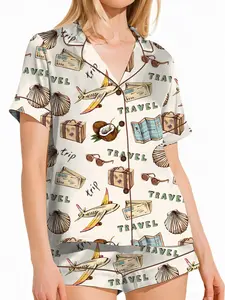 Travel Satin Pajama Set for Women, Vacation Print Sleepwear, Cute Summer Short Sleeve PJs, Beach Holiday Loungewear, Cozy Matching Set