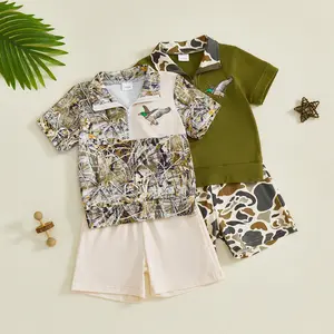 Babamoon Toddler Baby Boy Spring Hunting Outfits Half Zip Short Sleeve Animal Mallard Duck Print Pullover Tops Polo T Shirt Camouflage Pants 2Pcs Wild Clothes Set