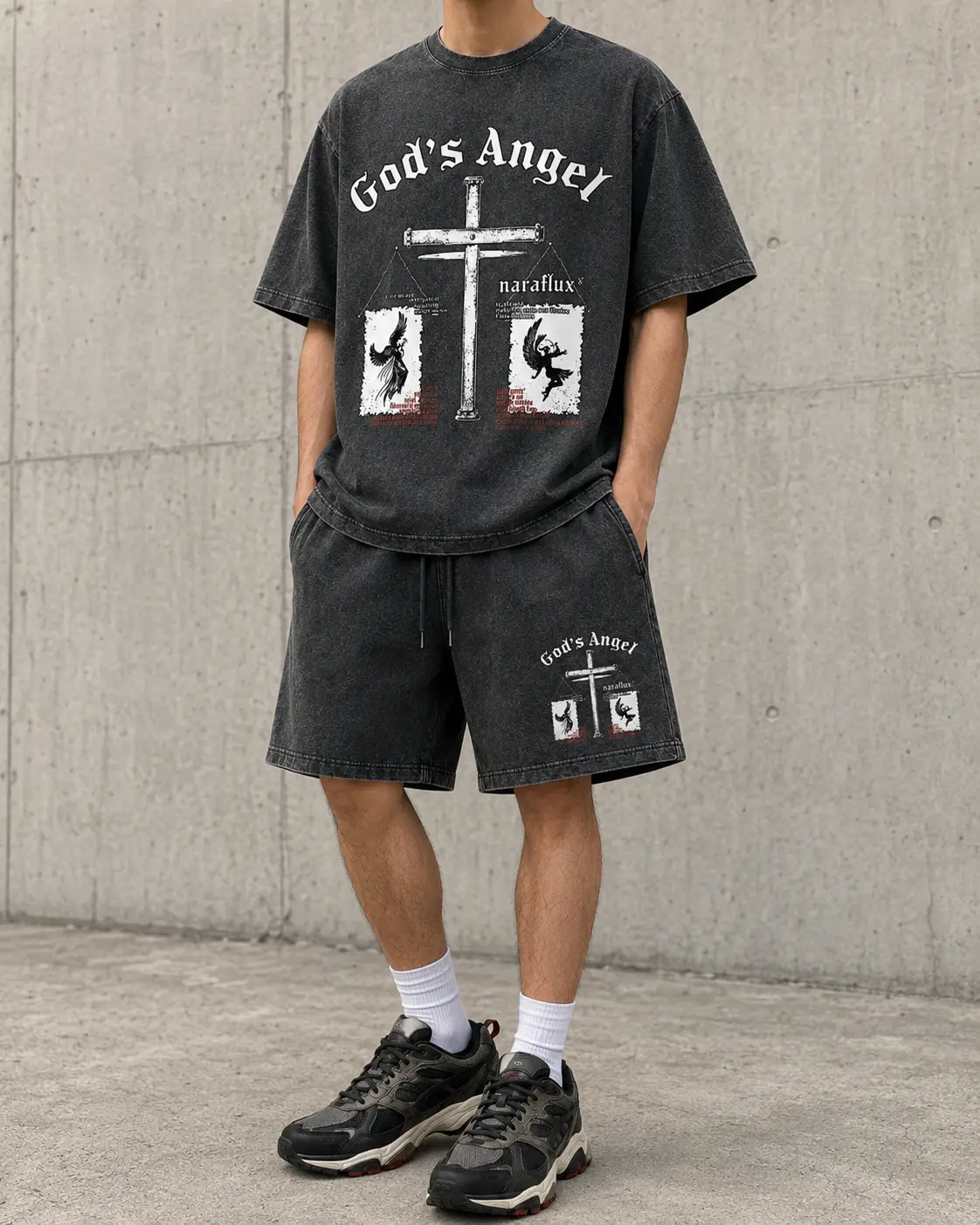 God’s Angel Gothic Cross Graphic Washed Short Set, ASICS GEL-NYC Graphite Grey Black Sneaker Match Outfit, Unisex Streetwear Set