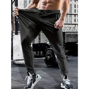 Men's High Elastic Solid Sports Training Pants, Quick Dry Drawstring Waist Joggers with Zipper Pockets, Breathable Casual Trousers for Hiking Fitness Outdoor Daily Wear