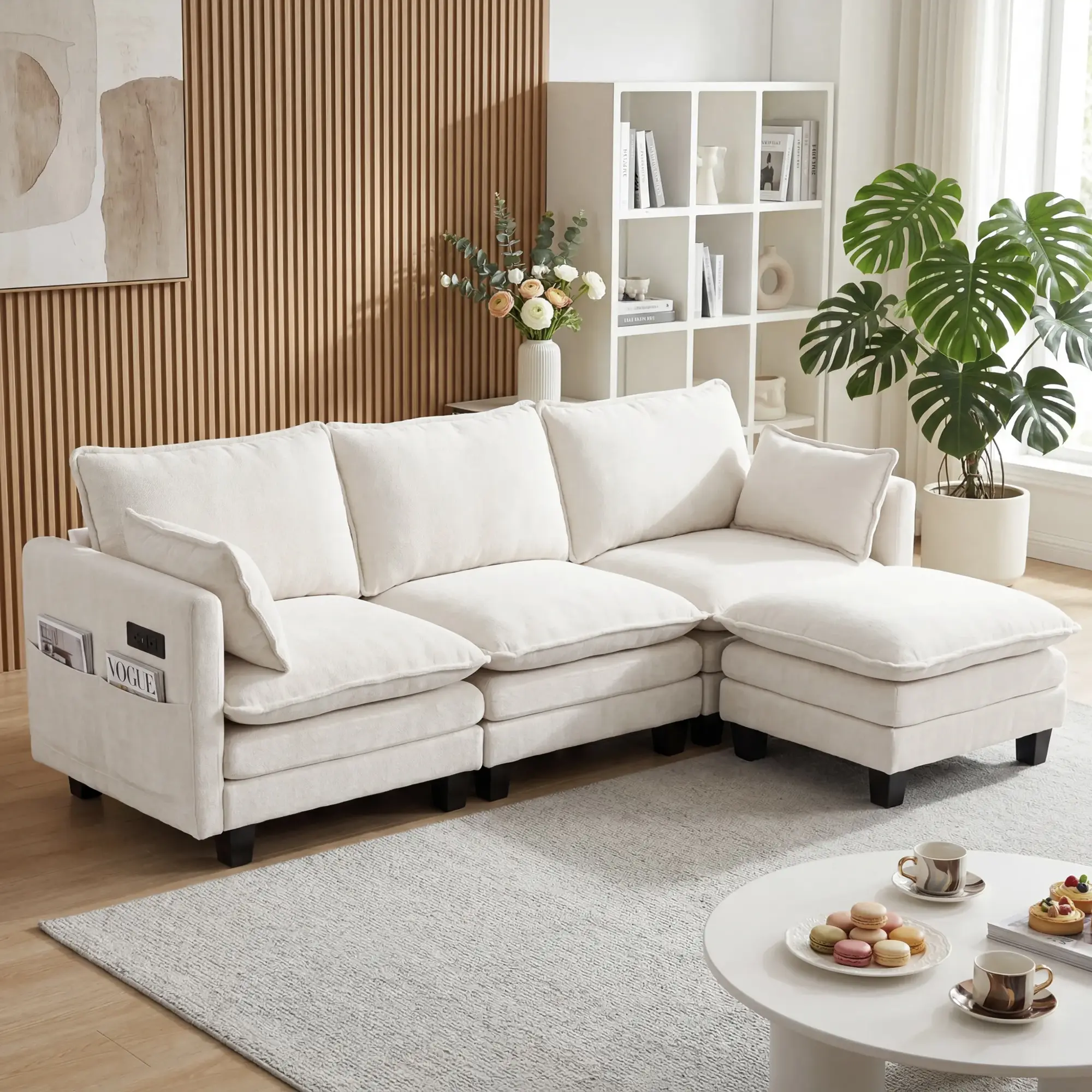 Modern Living Room Sofa Set: 3-Seat Chenille Couch + Ottoman, Built-in USB Ports & Side Pockets, Modular Design for Flexible Arrangement