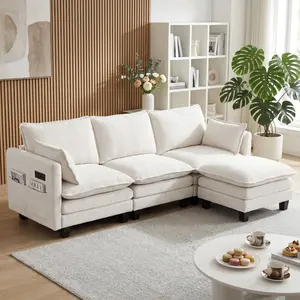 Modern Living Room Sofa Set: 3-Seat Chenille Couch + Ottoman, Built-in USB Ports & Side Pockets, Modular Design for Flexible Arrangement
