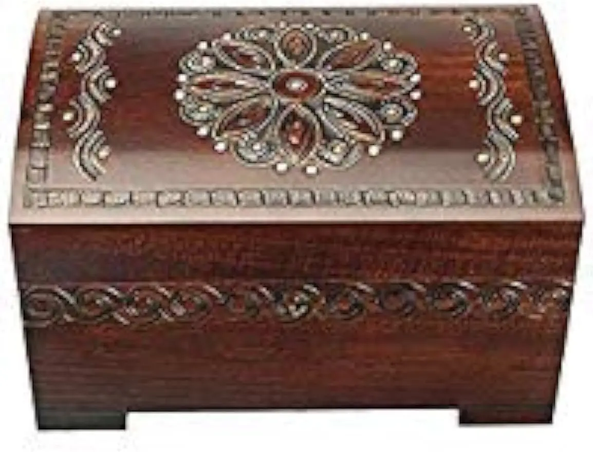 Large Flower and Holly Wood Jewelry Chest with Lock and Key Keepsake Box