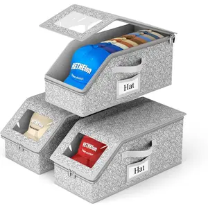 Stackable Hat Storage, Hold Up to 24 Caps Hat Organizer for Baseball Caps, Clear Hat Boxes for Men with Cardboard, Grey
