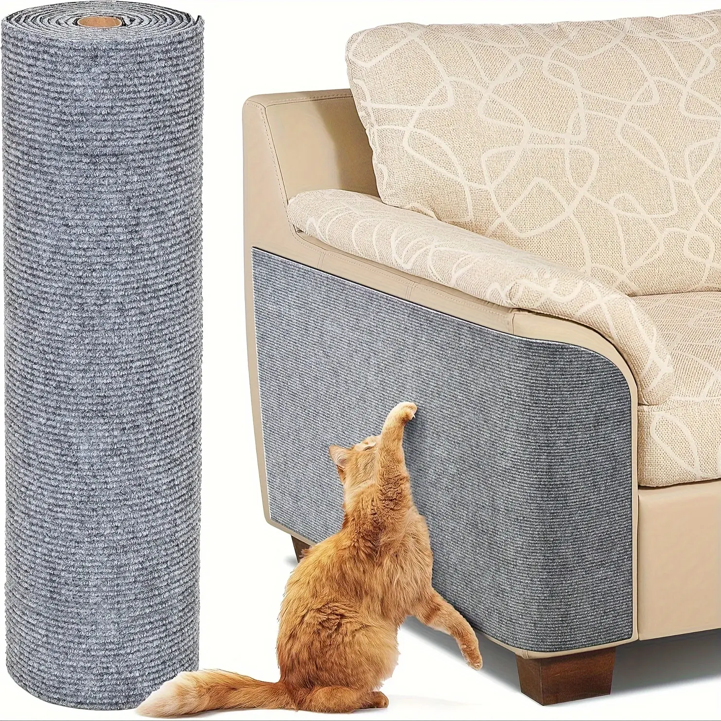 [Adhesive Cat Protector] Self-Adhesive Home Furniture Protector for Cats - Trimmed Scratching Mat, Scratcher Board for Couches, Doors, and Cat Tree Shelves - Grey, 78.7 x 15.8