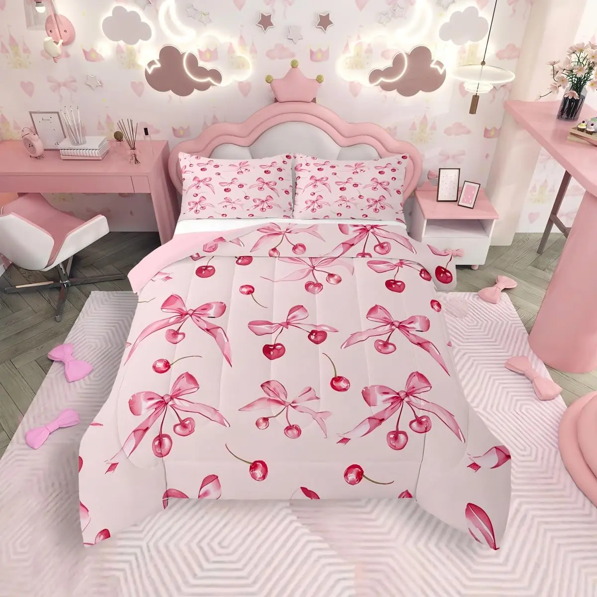 Feelyou Queen/Twin Size Kawaii Oriental Cherry Bedding Set - Microfiber Comforter, Watercolor Bow Duvet Set, Princess-Style Cute Fruit Print, Breathable Light Weight Blanket, Soft Warm Cozy Aesthetic Princess Room Decor