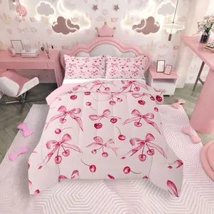 Kawaii Oriental Cherry Bedding Set, Princess Comforter, Bedroom Decor Watercolor Bow Duvet Set, Cute Fruit Breathable Soft Lightweight Microfiber