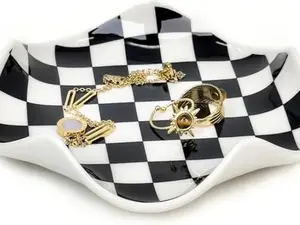 Ceramic Jewelry Dish, Ring Trinket Earring Dish Plate Holder Tray, Modern Cute Aesthetic Cool Stuff for Women College Girl Teen Girls-Black and White Checkered Home Room Decor