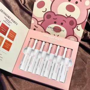 6-Piece Sensory Party Pink Bear Velvet Lip Gloss Set White-Enhancing Lip Mud Matte Velvety