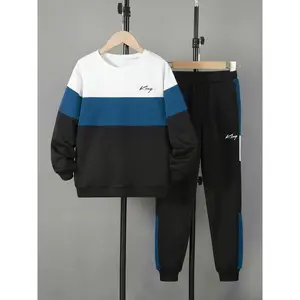 Boy's Colorblock Print Sweatshirt & Pocket Sweatpants Set, Casual Long Sleeve Pullover & Elastic Waist Pants, Kid's Clothes for Spring & Fall