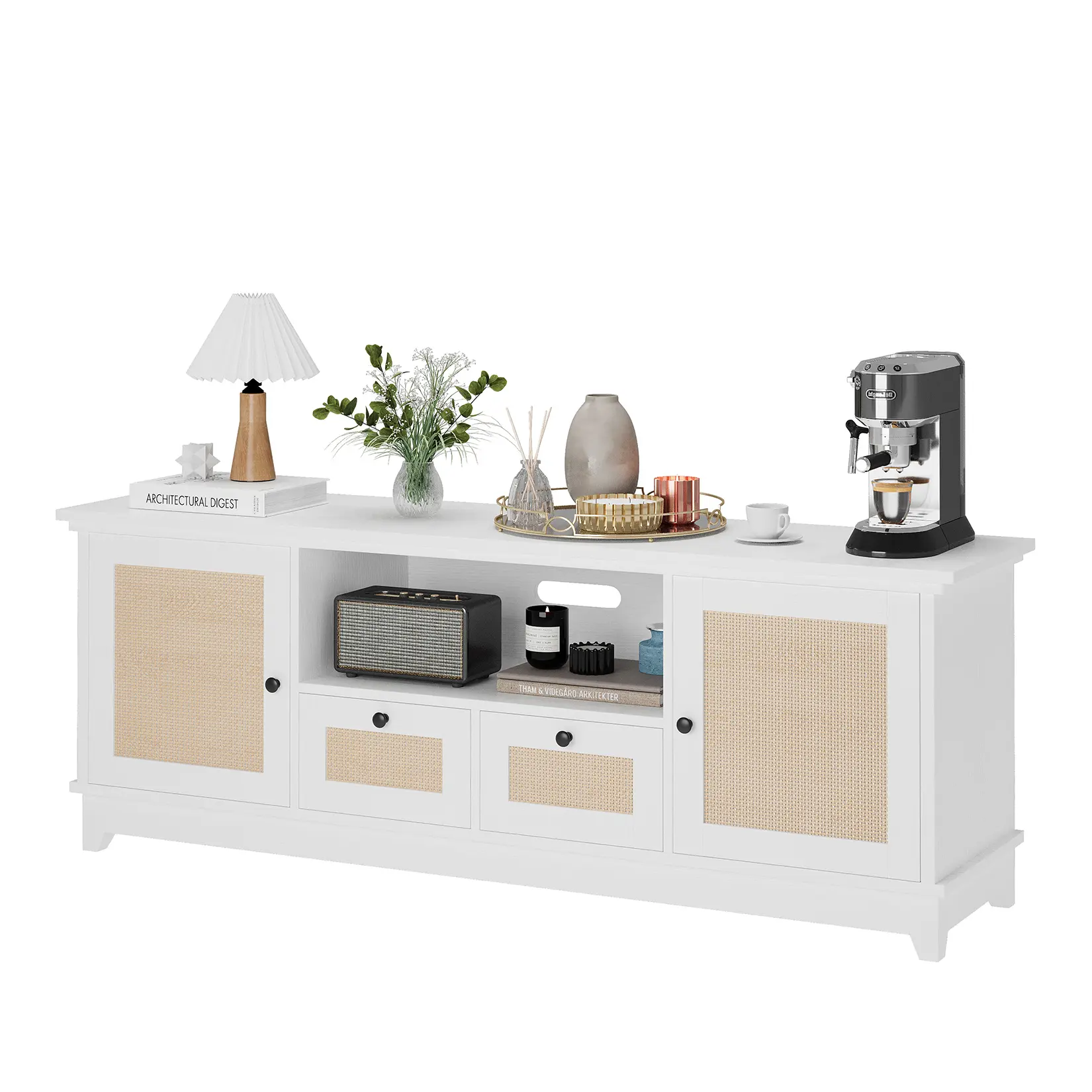 White Rattan TV Stand - Single Unit Natural Elements MDF/Rattan Media Console, Max 70'' TV Fit, 2 Cabinets, 2 Drawers, Adjustable Shelves, Open Storage, Living Room/Dining Room Assembly-Required Entertainment Center