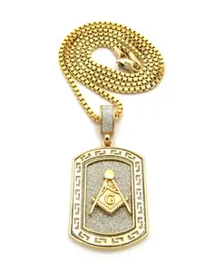 FREEMASON MASONIC DOG TAG GLITTERED PENDANT & 2mm 18" 20" 24" BOX CHAIN HIP HOP STYLE NECKLACE FOR MEN