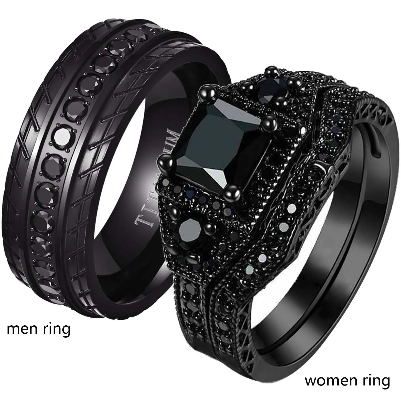 Ringcrown Couple Rings Matching Rings Princess Cut 1ct CZ Black Gold Plated 2pcs Women Wedding Ring Sets For Him And Her Ring Sets Men Titanium Steel Wedding Band