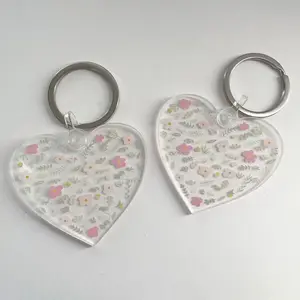Floral Heart Acrylic Keychain - Heart-Shaped Design with Floral Pattern, Clear Accents, and Silver Ring Attachment