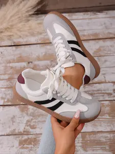 Women's Colorblock Casual Sports Shoes, Trendy Walking Sneaker, Lightweight Sneakers, Spring & Fall Fashion Footwear, Stripes with Wine Accents, Rubber Sole