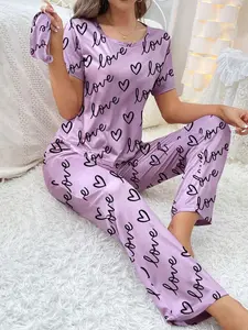 Women's Sleepwear Set, Short Sleeve Round Neck Heart Print, Love Pattern, Long Pants with Eye Mask, Comfortable Cute Home Two-Piece Set