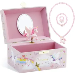 Musical  Glitter Storage Box and  Set for Little Girls with Spinning Unicorn and Rainbow - Over the Waves Tune