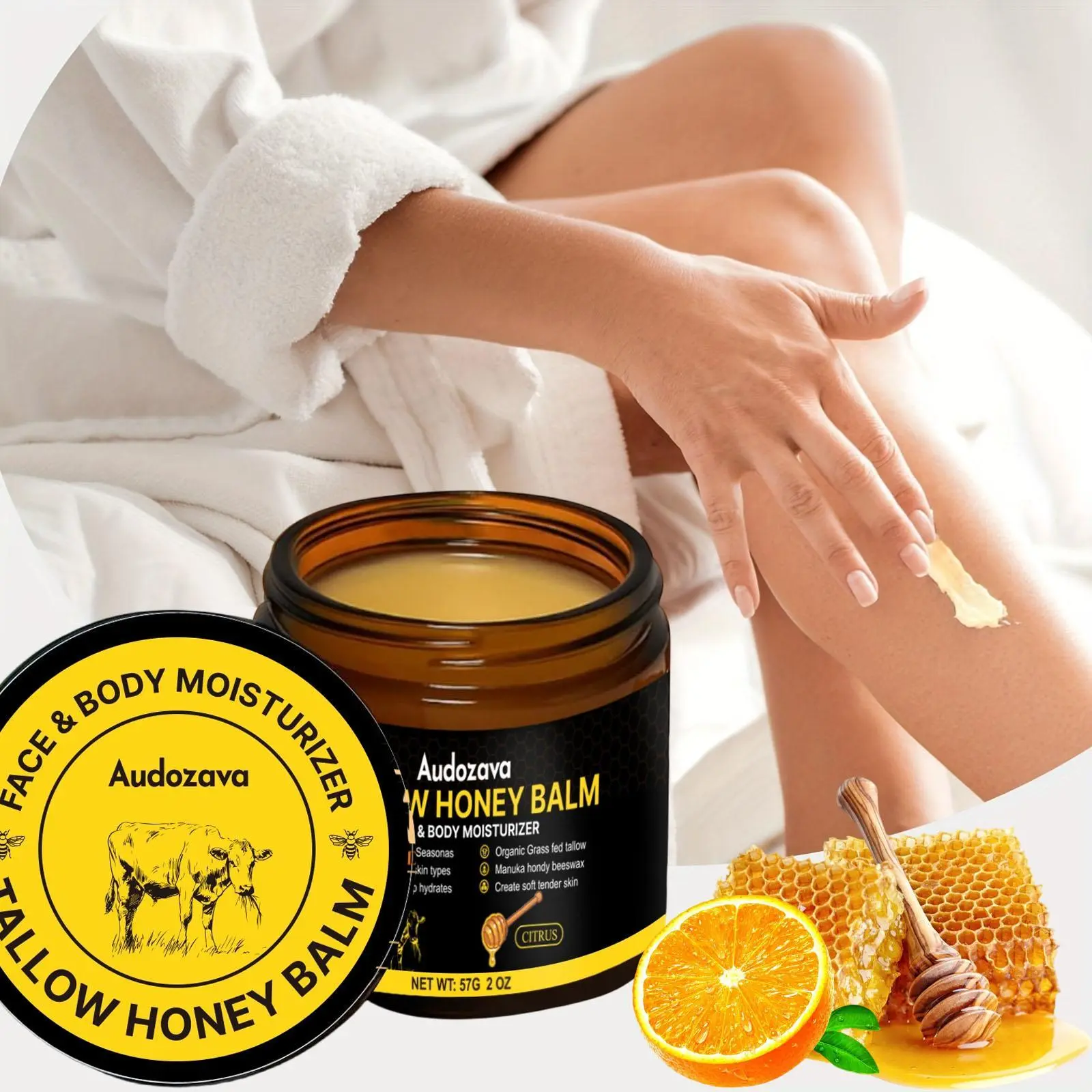 Grass-Fed Tallow Honey Balm, Non-Greasy Hydrating Blend for Face & Body, Daily Moisturizer for Dry Skin Care