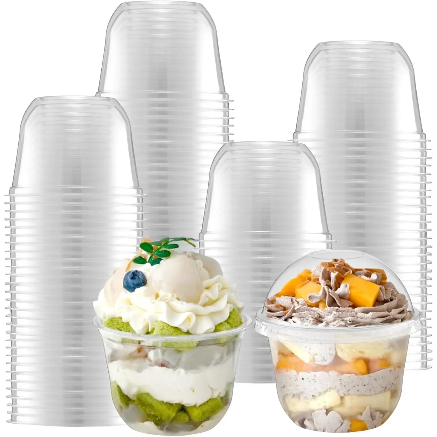 100 Pack Disposable Clear Plastic Cups with Dome Lids, 300ml/10oz  PET Dessert Cups for To Go Iced Coffee Cold Drinks, Smoothie, Bubble Boba , Juice, Parfait, Frappuccino, Milkshake