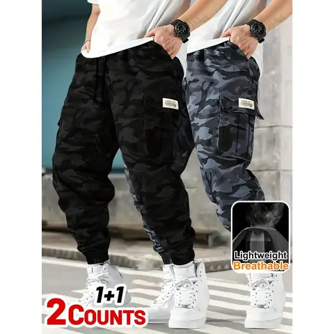 Men’s 2-Packs Camouflage Cargo Pants - Menswear, Loose-Fit, Full Ankle Length, Lightweight, Breathable, Adjustable Drawstring Waist Stays Put, Flap Pockets, Ideal for Casual Daily Wear, Outdoor Hiking