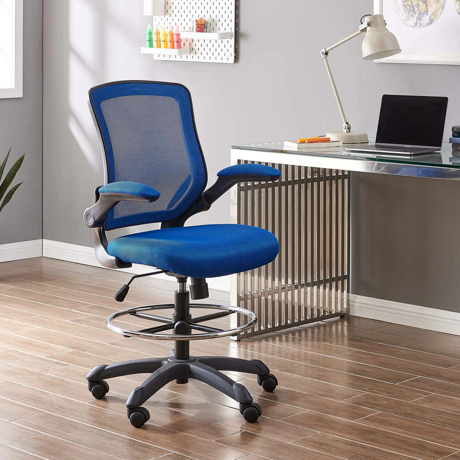 Modway Veer Blue Drafting Chair - Ergonomic Adjustable Mesh Back Drafting Stool with Padded Waterfall Mesh Seat, Pneumatic Lift, Extra Tall Gas Cylinder, Hooded Dual-Wheel Casters, 360-Degree Swivel, With Wheel