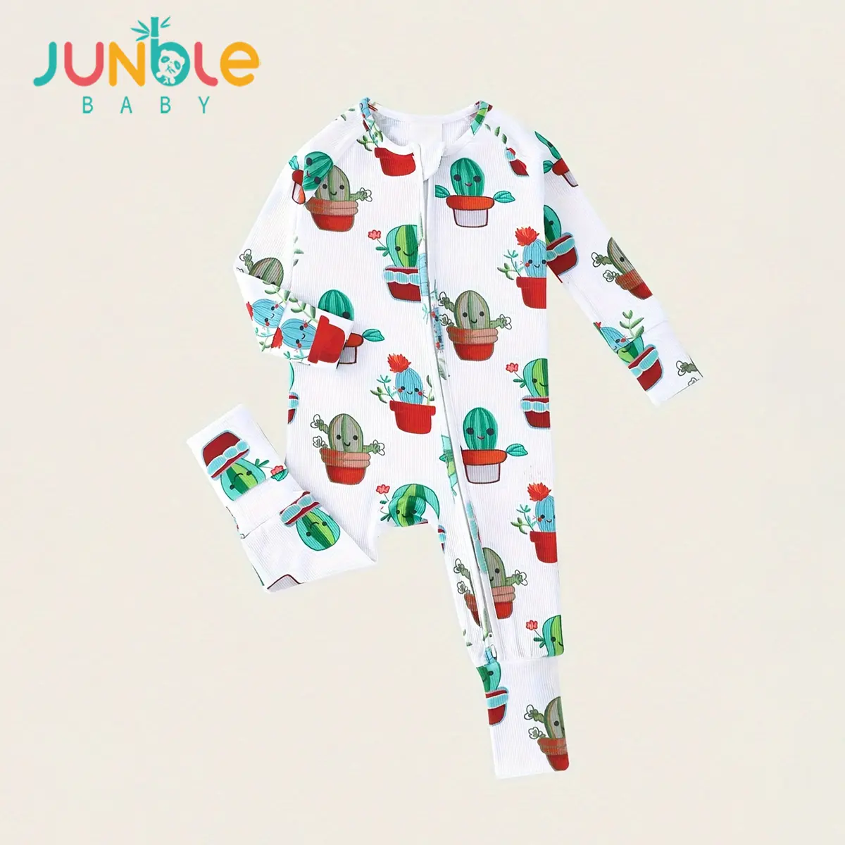JUNBLEBABY Bamboo Baby Pajamas 2-Way Zipper Onesie Cactus Print Long Sleeve Romper with Convertible Footies Ultra Soft Knit Viscose Infant Sleepwear Footie Newborn Toddler Easy Diaper Change Nightwear Gift, Two Way Zipper Onesies, Bamboo Toddler Outfit