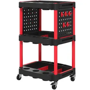 3-Tier Rolling Tool Cart with Wheels, 200 LBS Capacity Plastic Utility Cart with Side Shelves, Mobile Service Tool Organizer for Garage, Warehouse, Workshop, Black and Red