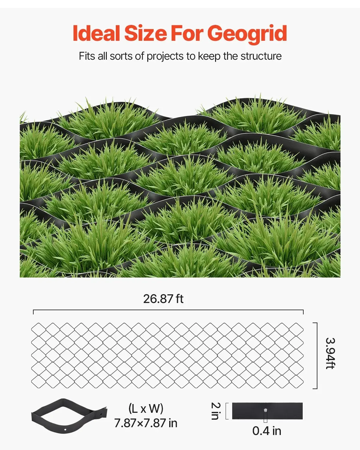 VEVOR Gravel Grid, 2 Inch Depth, 26.87 x 3.94 FT / 8200 x 1200 mm, 1880 ...