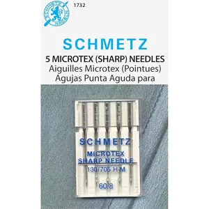 Schmetz Microtex Sharp Needle 60/8 (5-Pack) - 1732, Clean Stitch Formation, Dependable Fabric Penetration, Fits Most Household Sewing Machines, Prevents Skipped Stitches, Protects Fabric