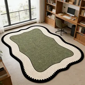Wave edge green tone irregular carpet, Polyester Rug, green beige black contrasting color plush floor mat, entrance hallway anti slip and wear-resistant foot mat, French retro decorative mat suitable for ins/antique style home decoration