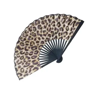 Leopard Print Folding Fan - Large Handheld Bamboo Fan for Y2K Rave, Festivals & Beach Vacation - Vintage Animal Print Fashion Accessory & Party Decor