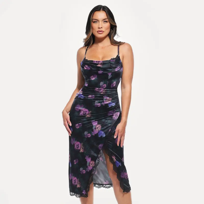 POPILUSH Women's Black Vintage Print Midi Formal Gown - Cowl Neck, Spaghetti Straps, Lace Trim, Elegant Side Slit, Zipper Closure, Flattering Fit, Premium Fabric, SohoChic Style