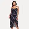 POPILUSH Women's Black Vintage Print Midi Formal Gown - Cowl Neck, Spaghetti Straps, Lace Trim, Elegant Side Slit, Zipper Closure, Flattering Fit, Premium Fabric, SohoChic Style